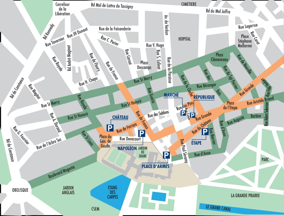 Guide for INSEAD Students : Map of Fontainebleau showing the Parking Zones and Main Car Parks